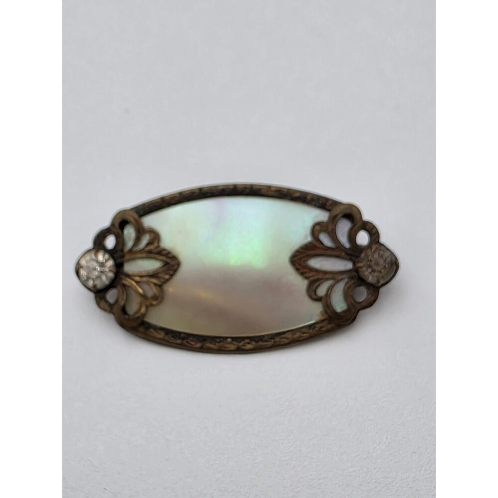 Antique MOP Rhinestones Oval Pin 1 1/4" x 1/2"